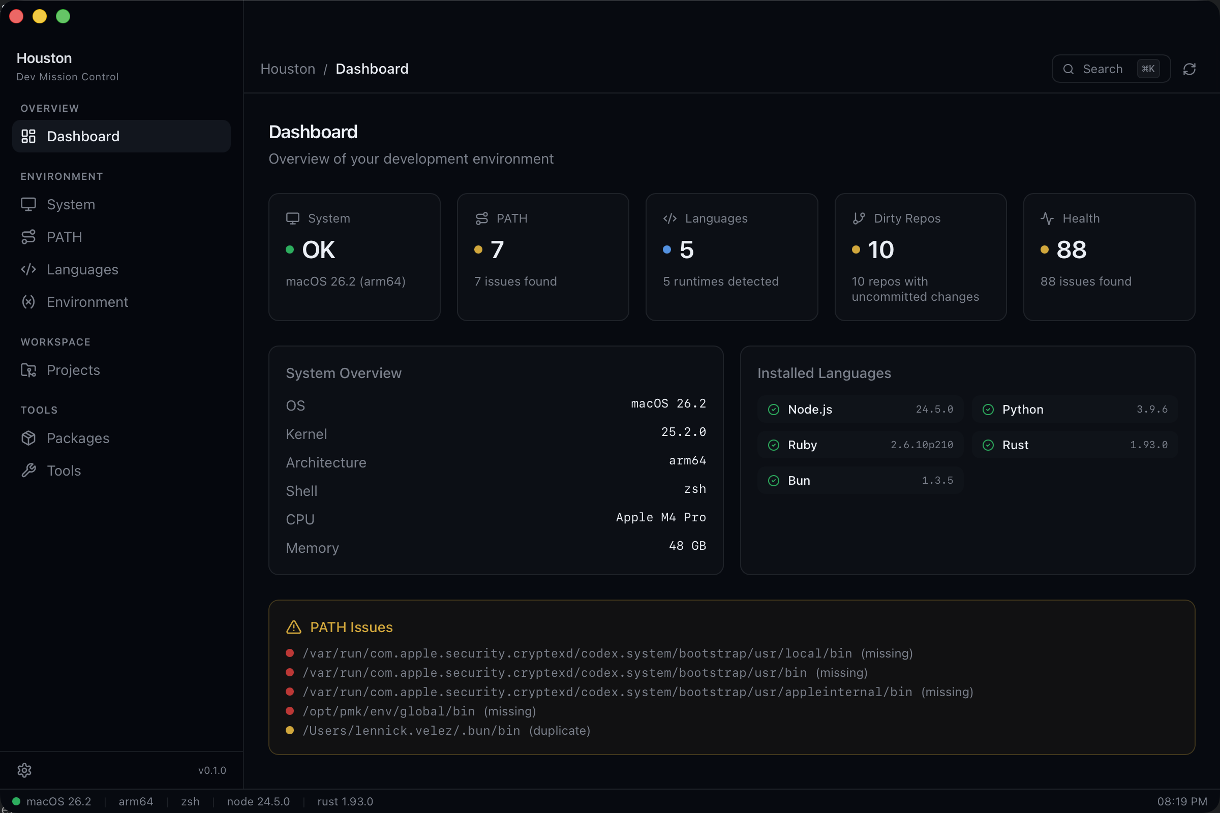 Houston dashboard showing system overview, detected languages, and workspace projects
