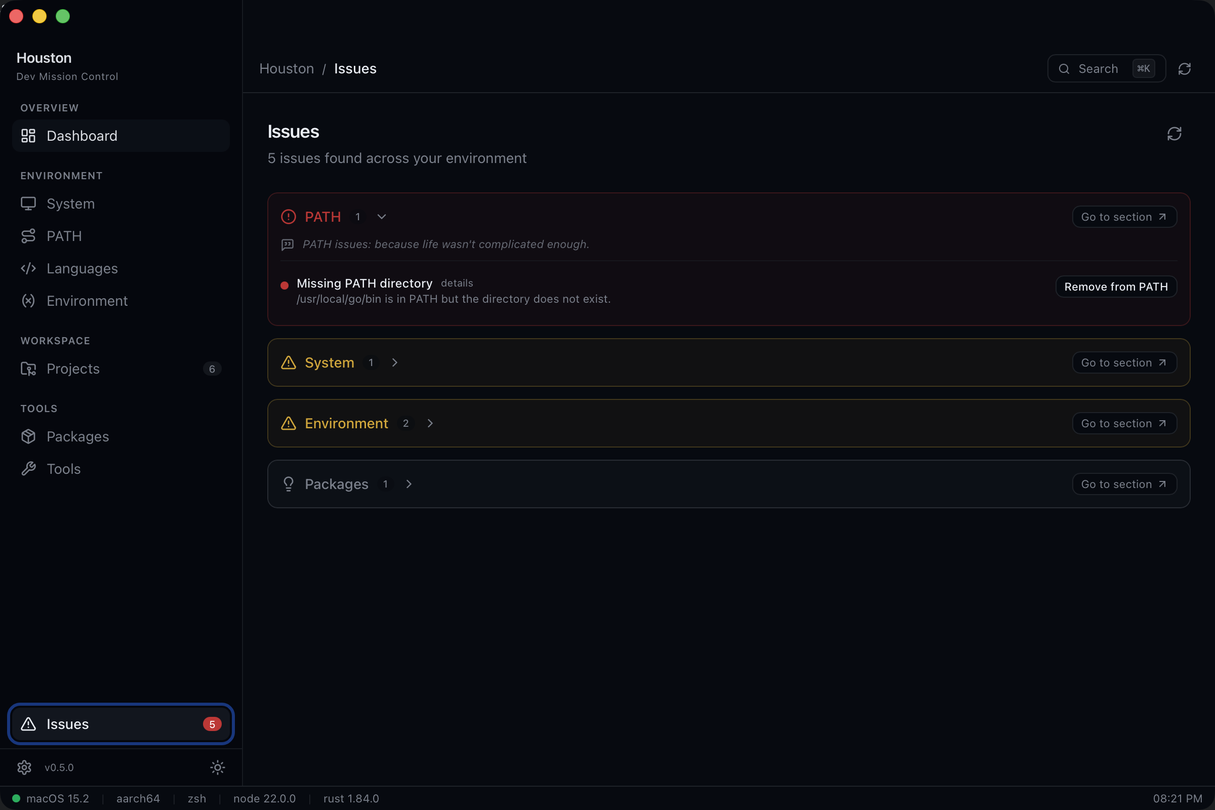 Issues view with diagnostics