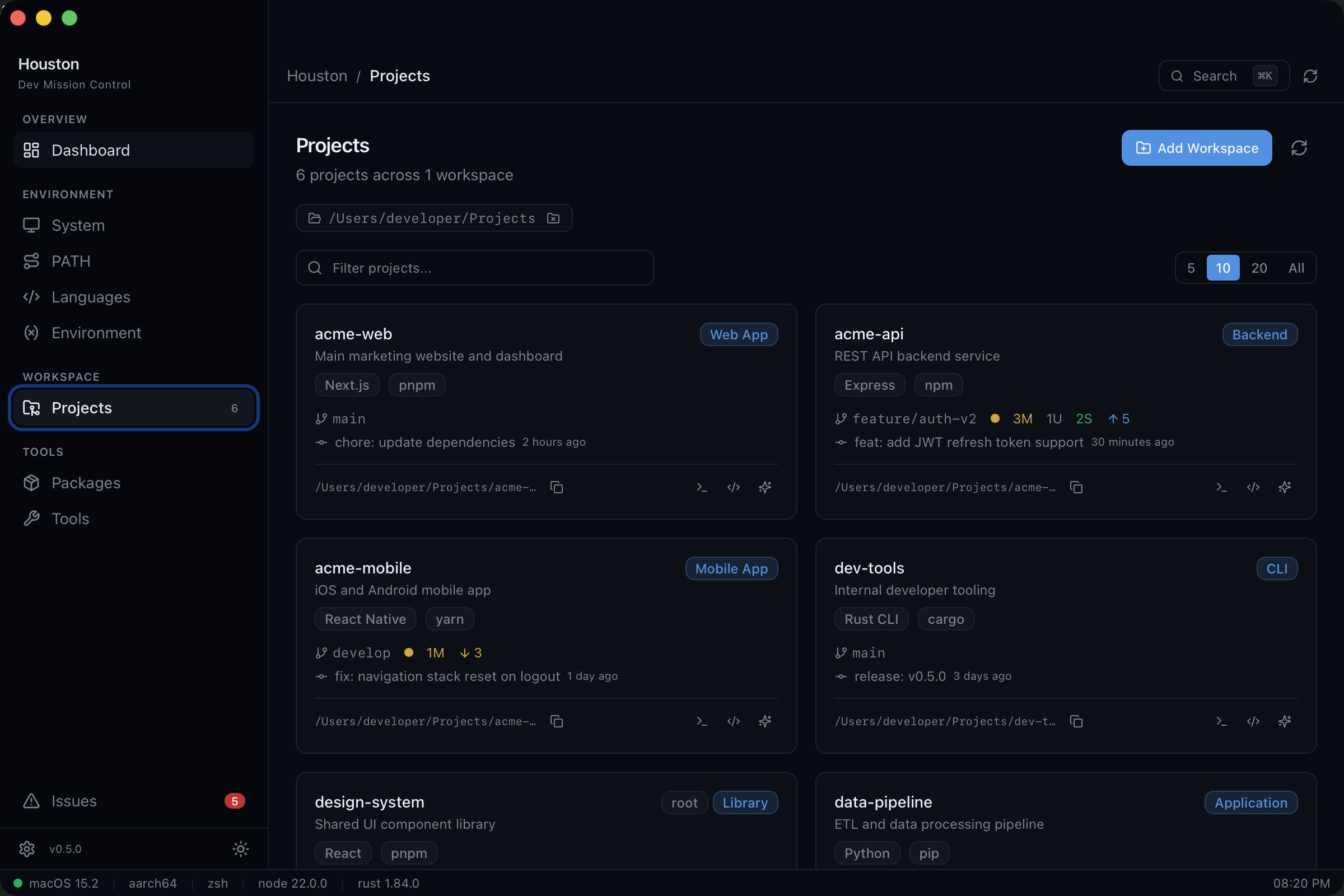 Projects and workspaces view